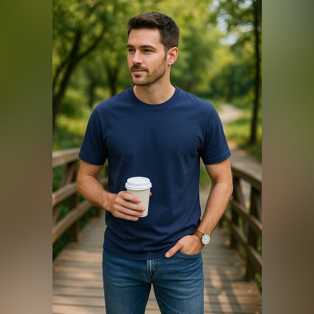 Lands’ End Men’s Navy Blue Crewneck Cotton Tee Shirt Size Small